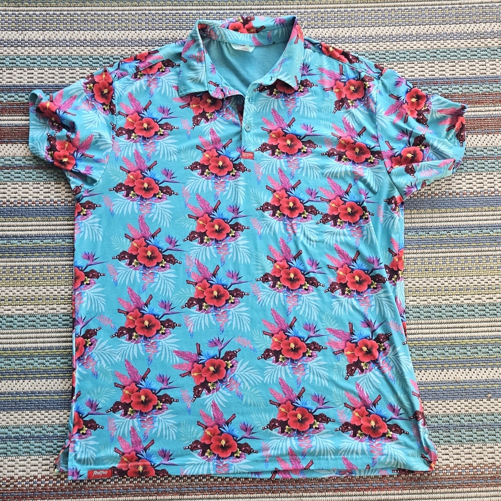 Retro Rifle Polo Shirt Mens XL Blue Hibiscus Floral Performance Pistol